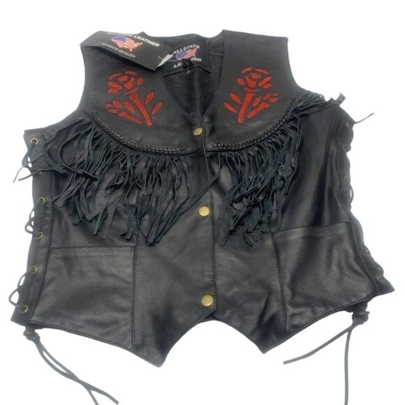 . NWT Leather Rose Motorcycle Jacket Fringe Black - Picture 1 of 14